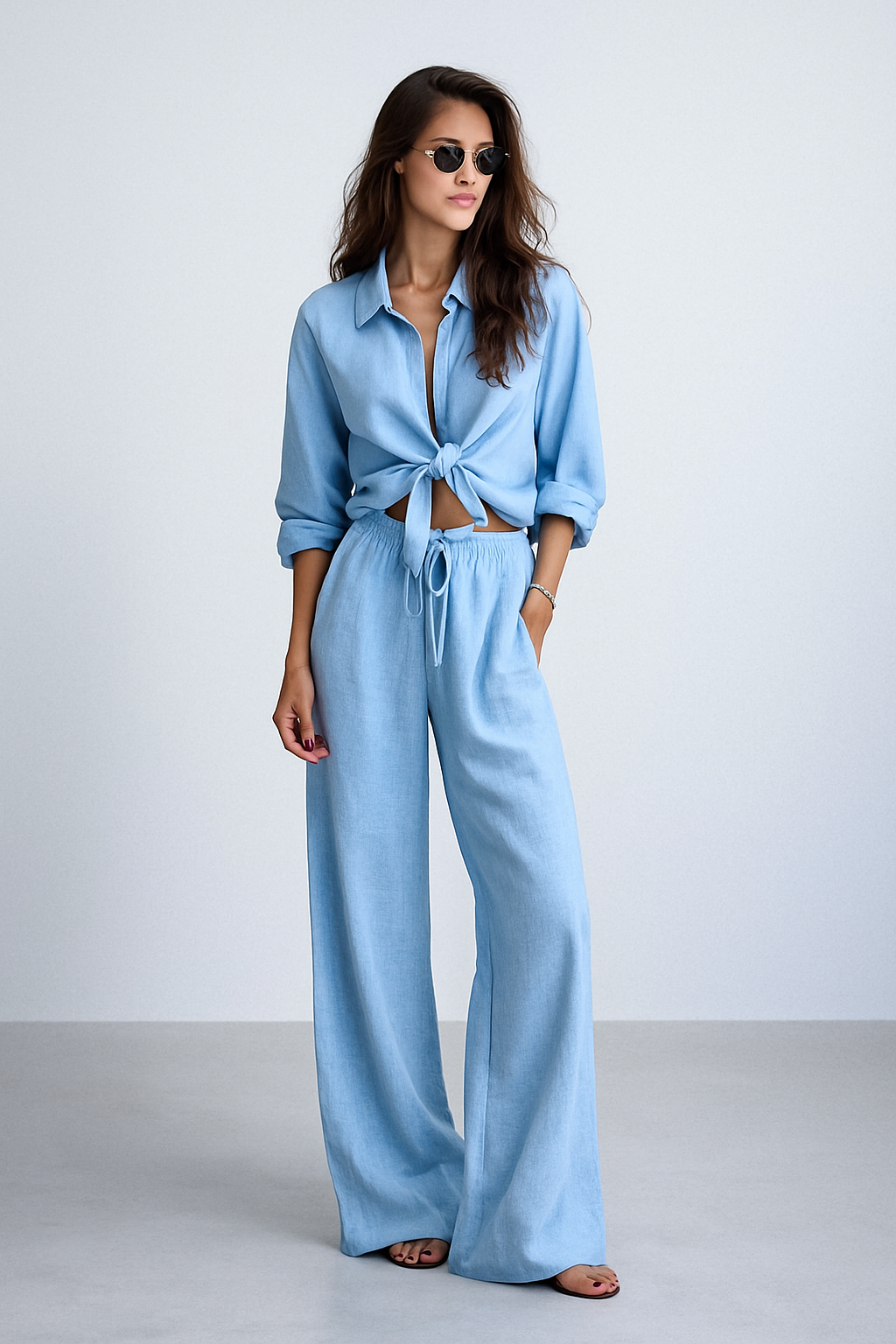 Relaxed Fit Linen Long Sleeve Shirt and Pants Set - Nocini