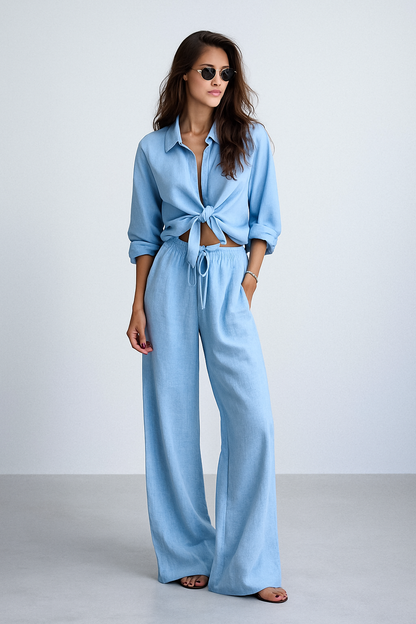 Relaxed Fit Linen Long Sleeve Shirt and Pants Set - Nocini