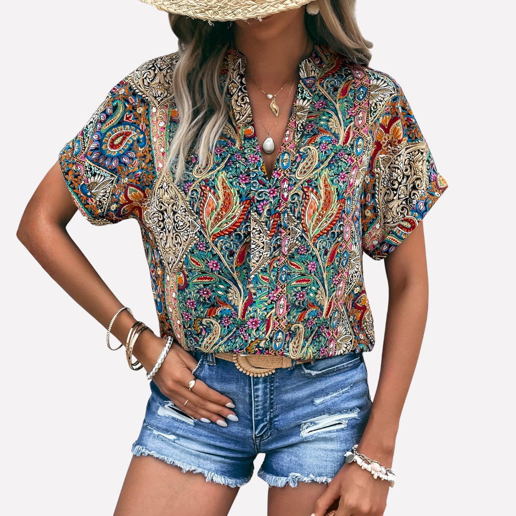 Relaxed Fit V-Neck Floral Print Woman's Blouse