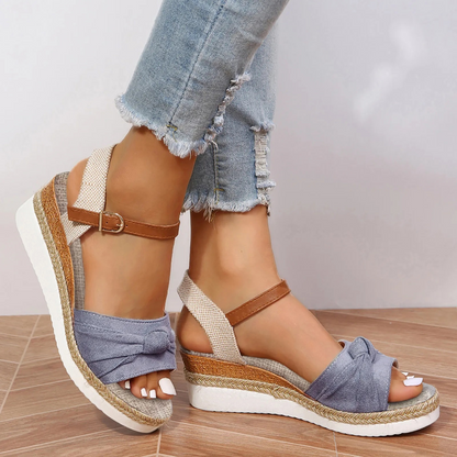 Stylish Ankle Strap Wedge Sandals - Elegant Bow Detail - Nocini