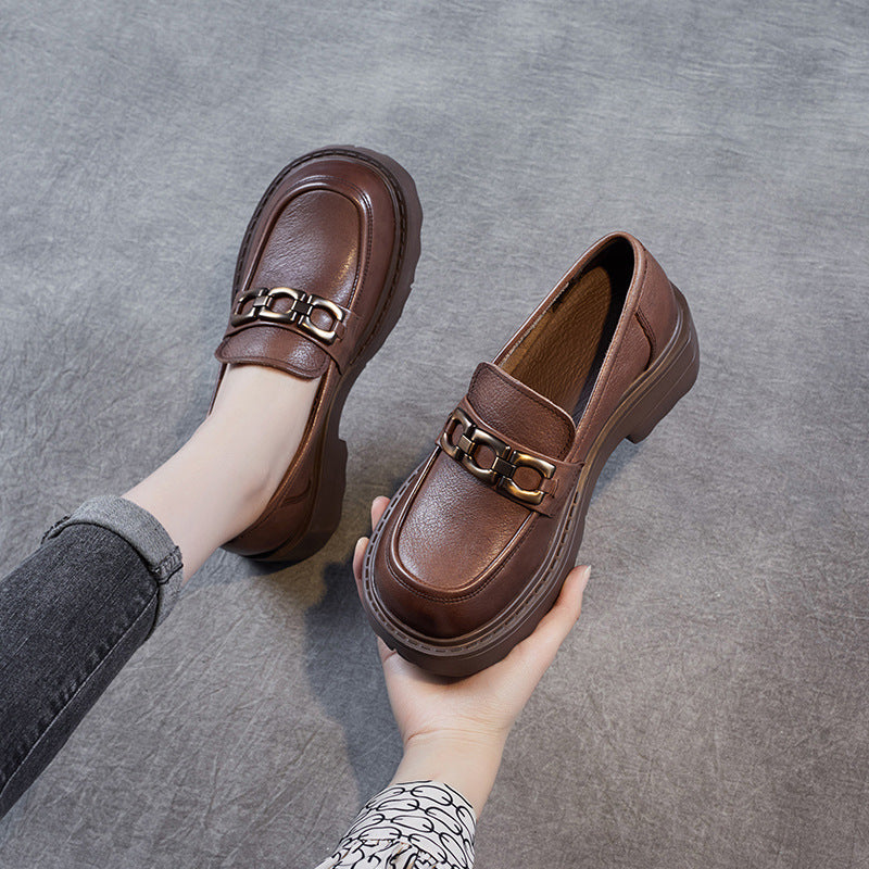 Women's Block Heel Loafers with Metal Buckle Detail - Nocini