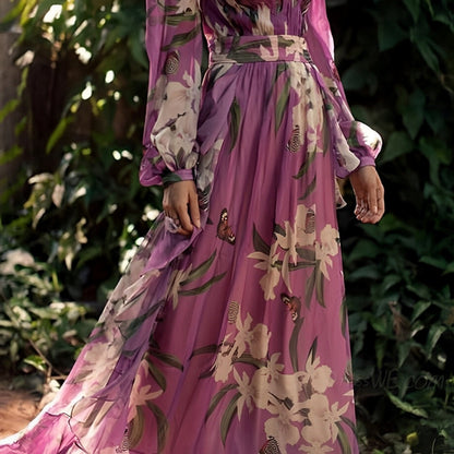 Ladies' Pretty Floral Maxi Dress with Puffed Sleeves