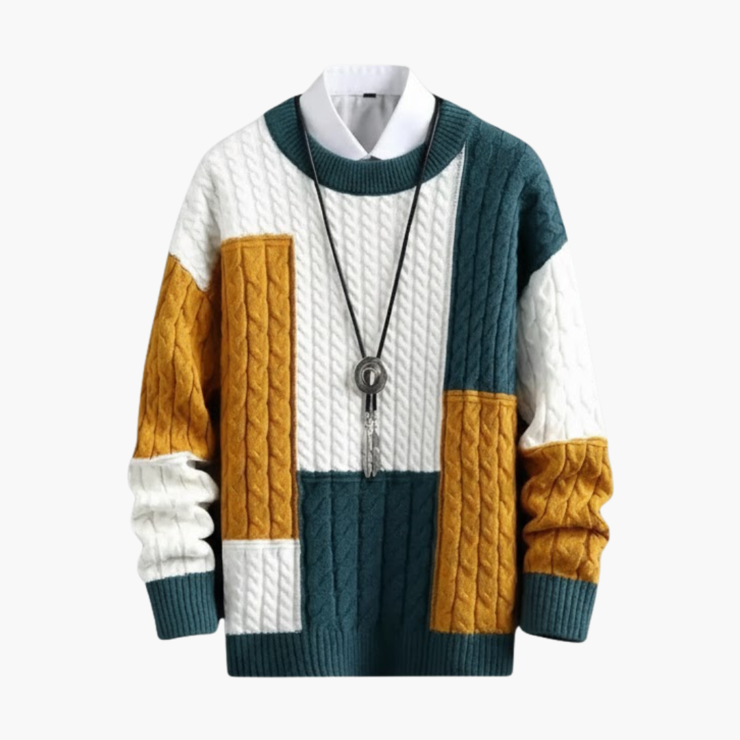 Classic Crew Neck Patchwork Knit Sweater - Olytrend