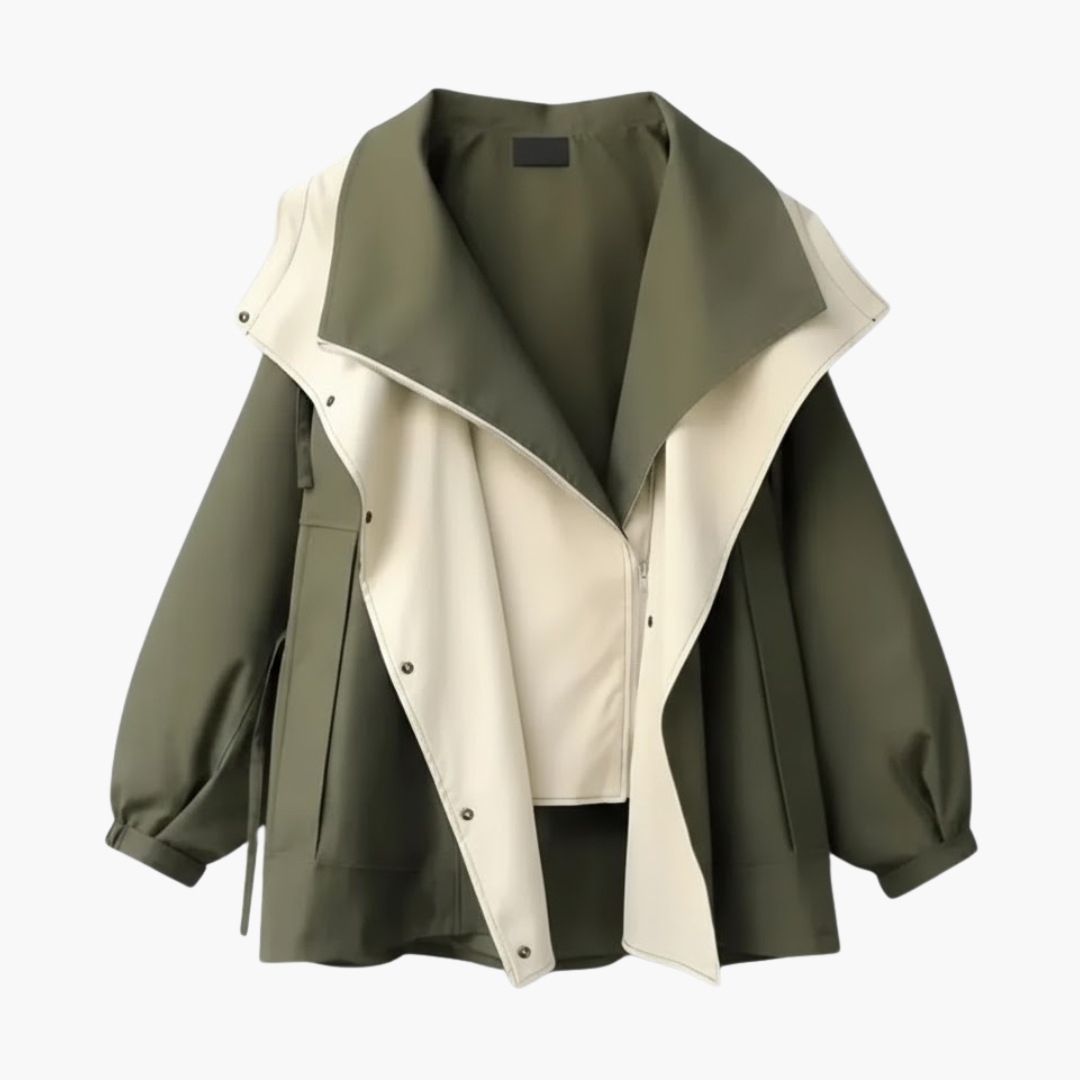 Ladies Double Tone Coat with Oversized Collar and Snap Fasteners - Olytrend