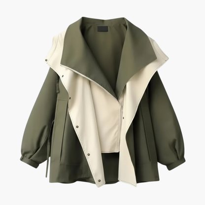 Ladies Double Tone Coat with Oversized Collar and Snap Fasteners - Olytrend