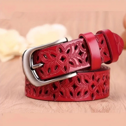 Elegant Flower Patterned Leather Belt
