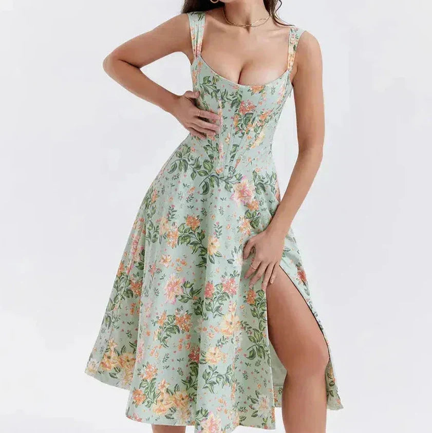 Ladies Floral Midi Dress with Corset Style - Nocini