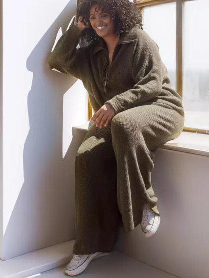 Cozy Women's Lounge Set Soft Zip Top Elastic Pants