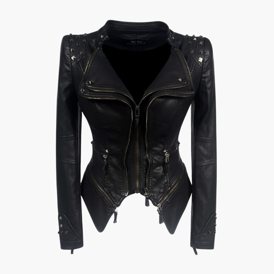 Edgy Leather Motorcycle Jacket with Spikes - Olytrend