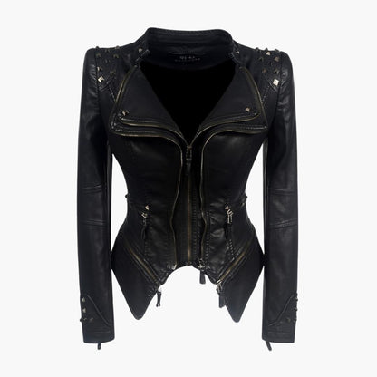 Edgy Leather Motorcycle Jacket with Spikes - Olytrend