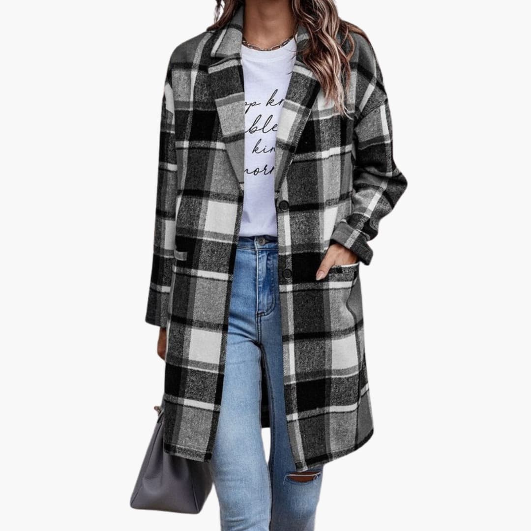 Classic Plaid Coat for Women with Button Front - Olytrend