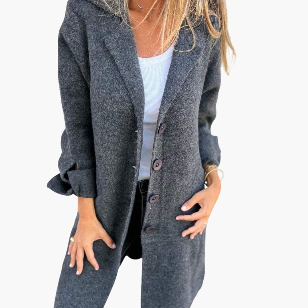 Ladies Classic Coat with Buttons and Pocket Detail