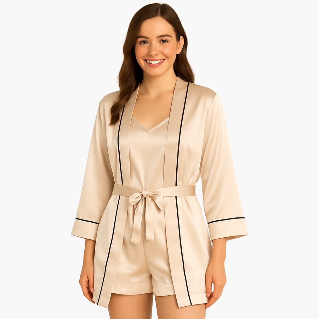 Soft Silk Pajama Set with Kimono Robe