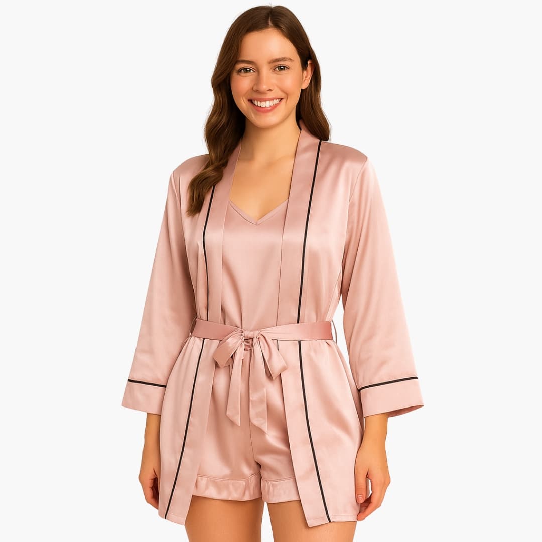 Soft Silk Pajama Set with Kimono Robe - Olytrend