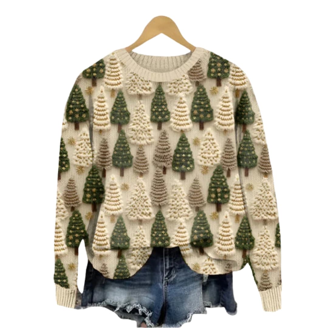 Women's Cozy Crew Neck Tree Print Sweater - Olytrend