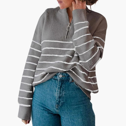 Ladies Soft Stripe Zip Up Sweater - Olytrend