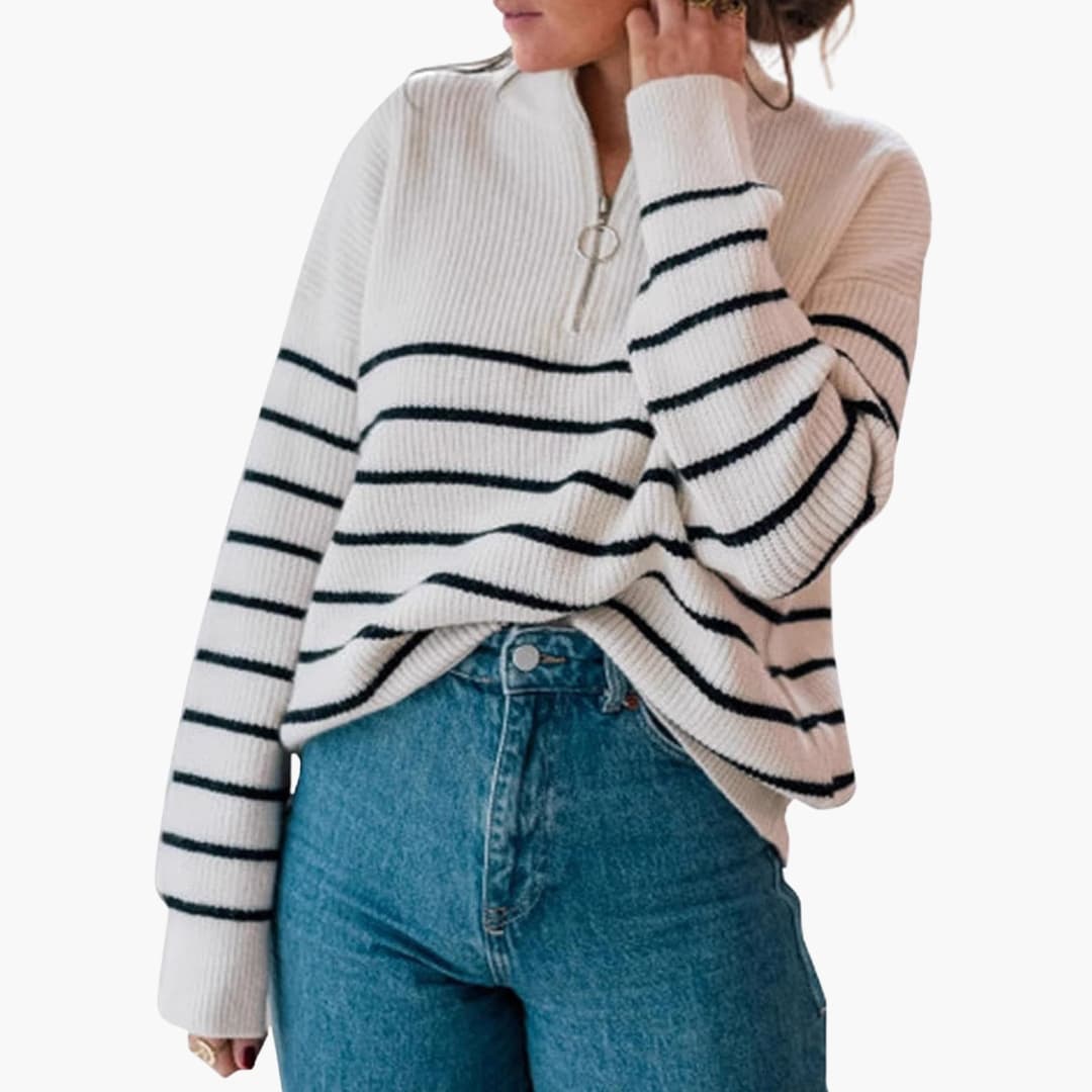 Ladies Soft Stripe Zip Up Sweater