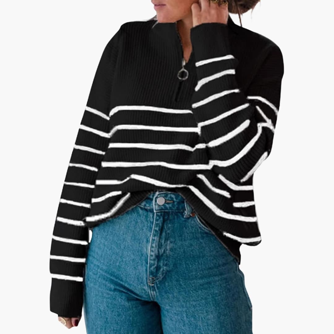 Ladies Soft Stripe Zip Up Sweater