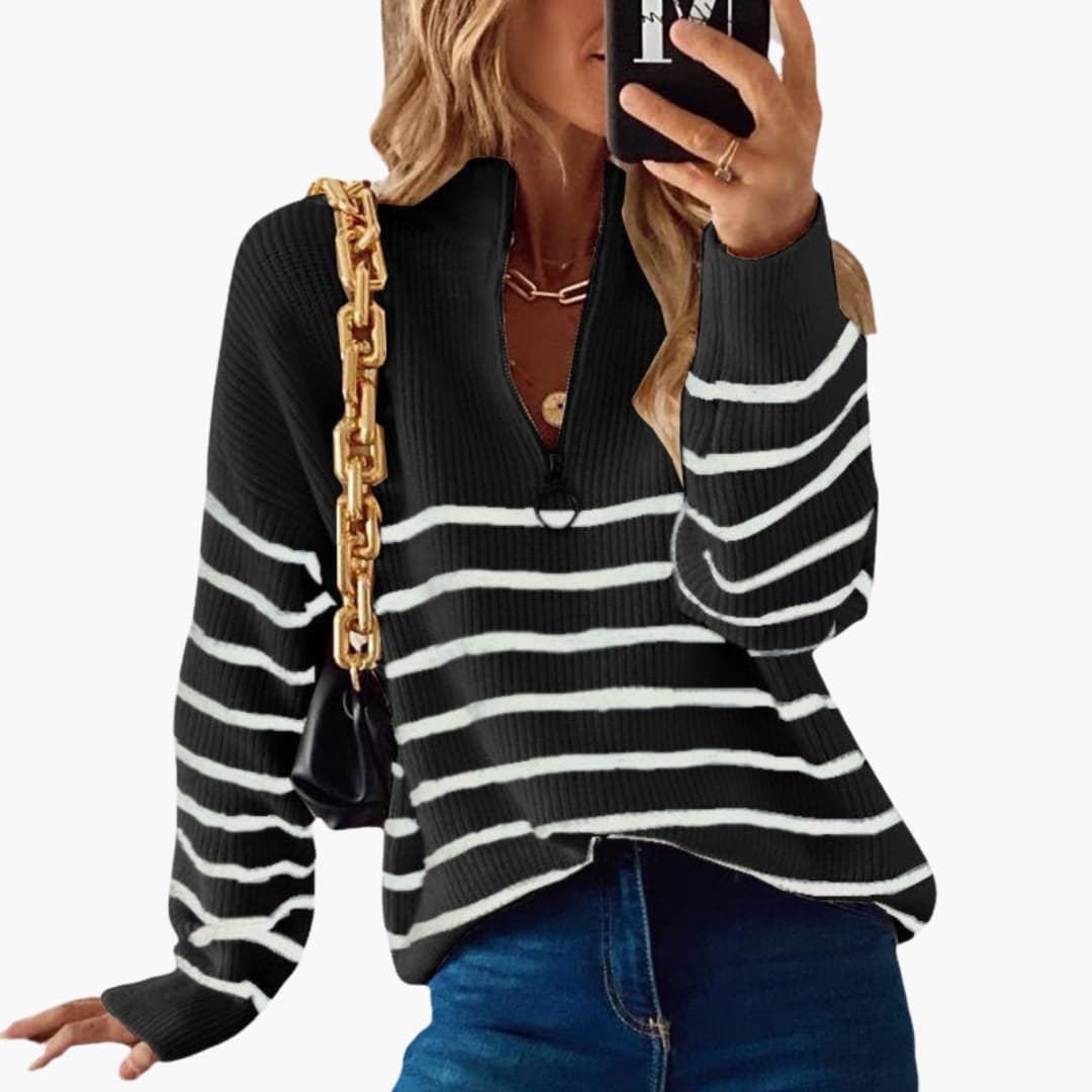 Ladies Soft Stripe Zip Up Sweater