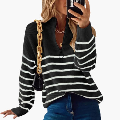 Ladies Soft Stripe Zip Up Sweater
