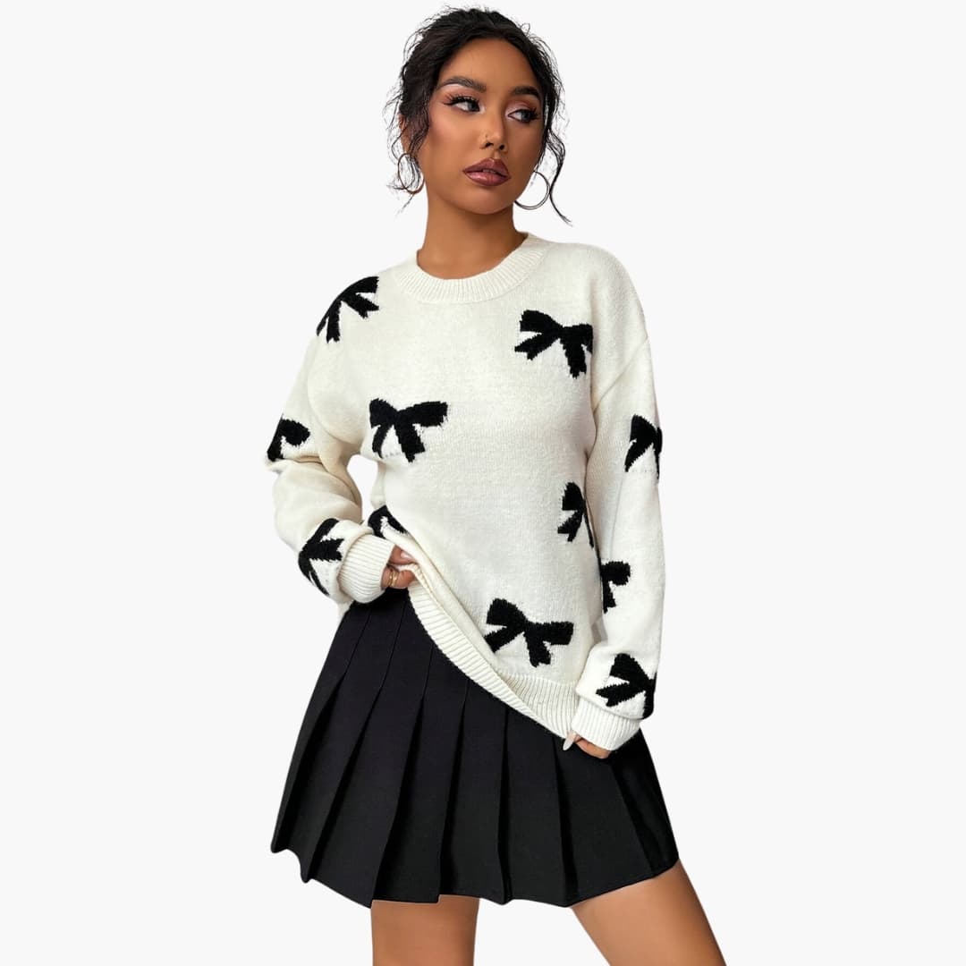 Ladies' Cable Knit Sweater with Ribbon Detail - Olytrend