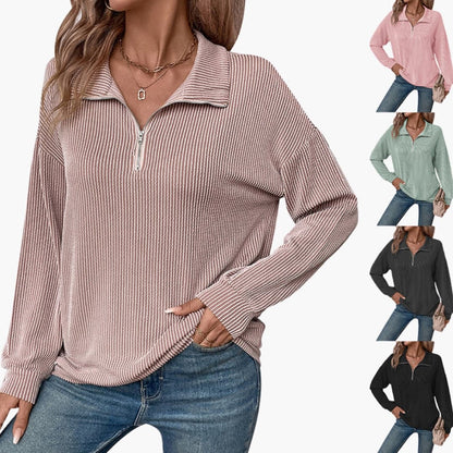 Ladies' Striped Pullover Sweater with Half Zip