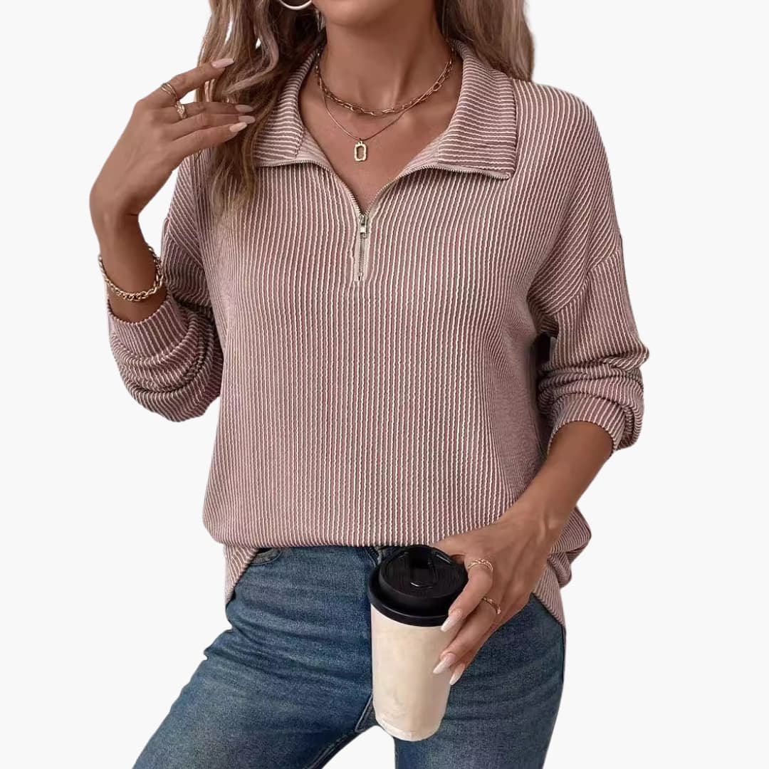 Ladies' Striped Pullover Sweater with Half Zip