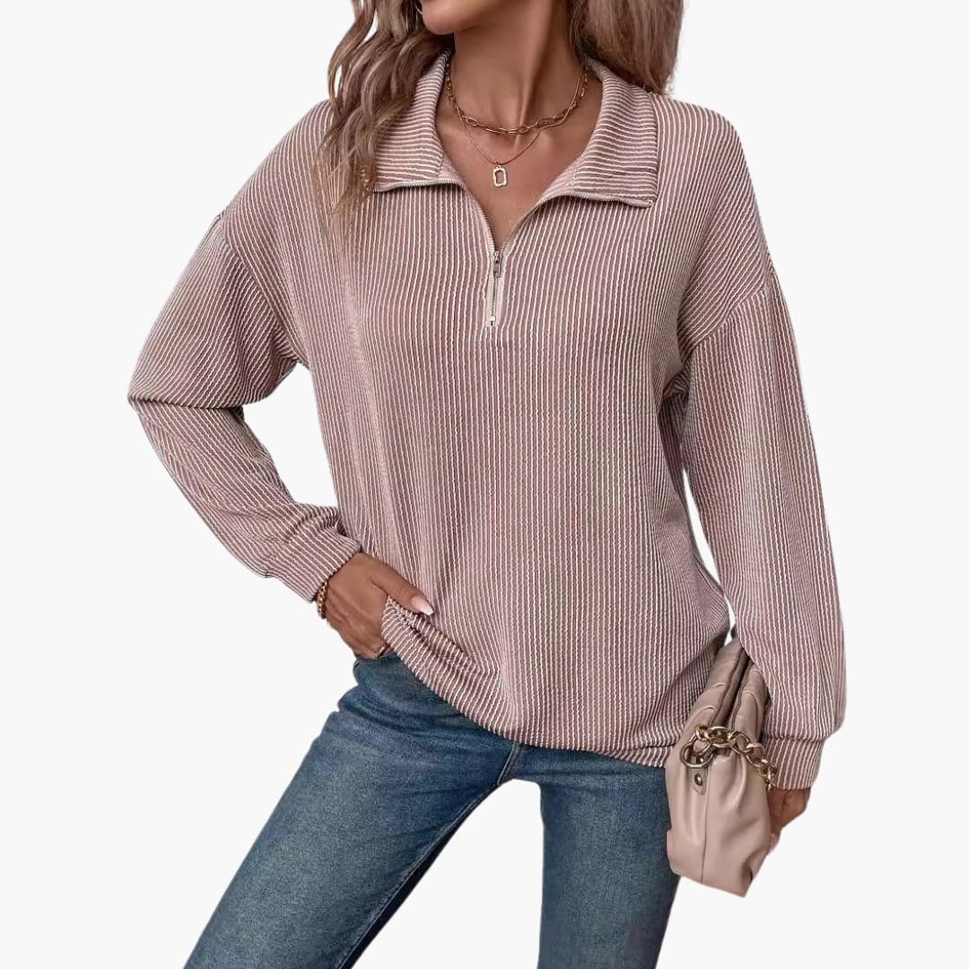 Ladies' Striped Pullover Sweater with Half Zip