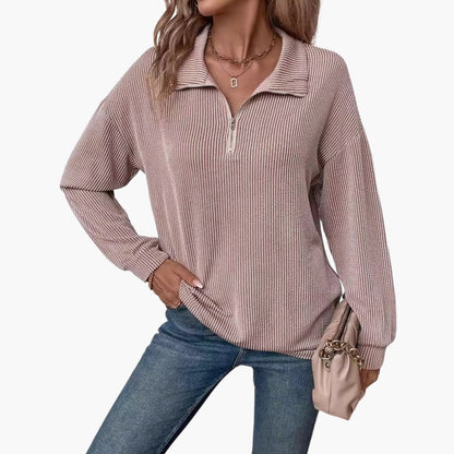 Ladies' Striped Pullover Sweater with Half Zip