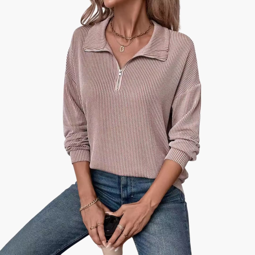 Ladies' Striped Pullover Sweater with Half Zip