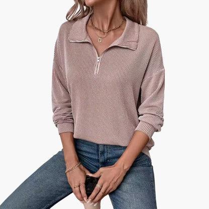 Ladies' Striped Pullover Sweater with Half Zip