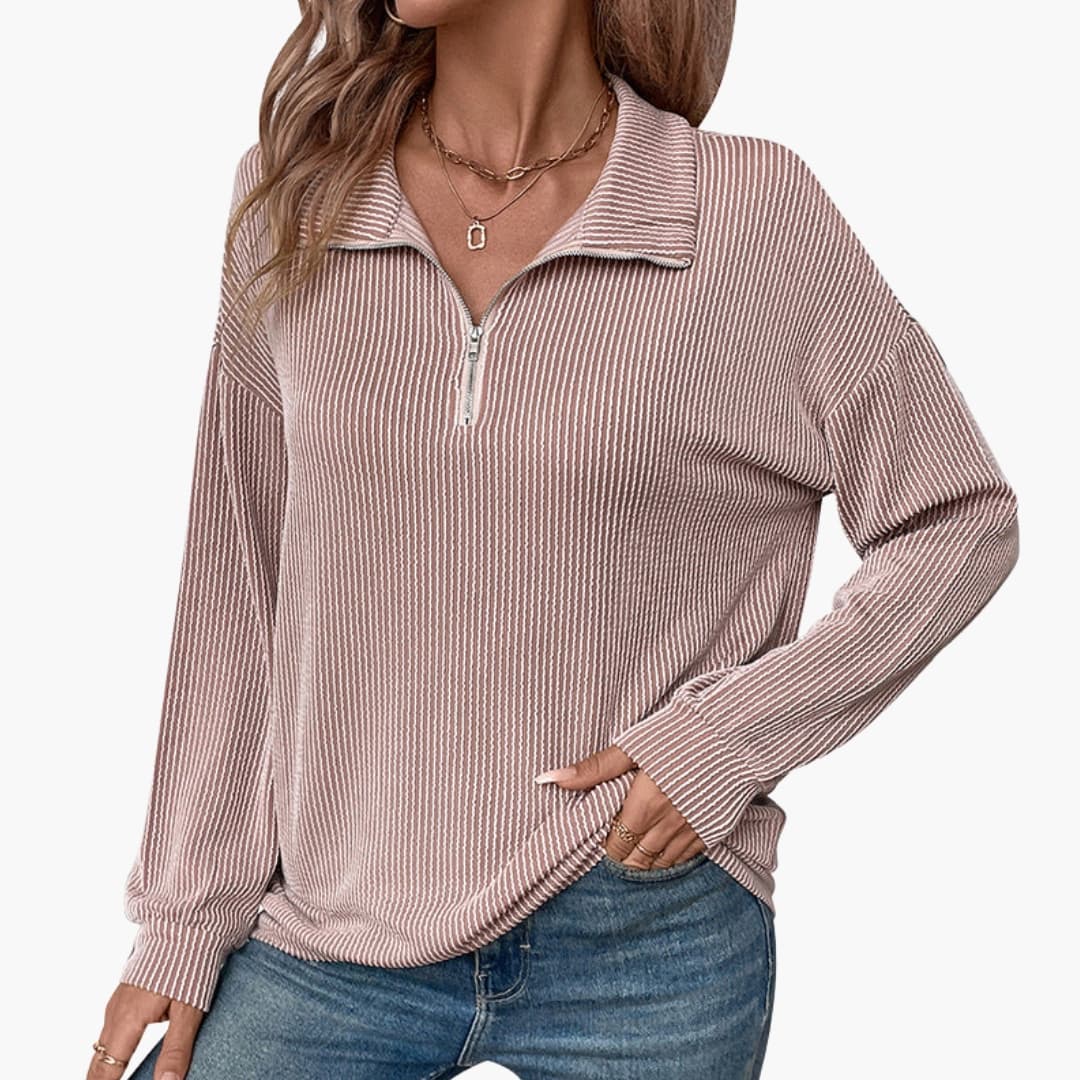 Ladies' Striped Pullover Sweater with Half Zip