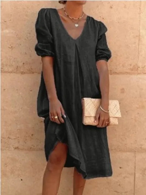 Casual V Neck Midi Dress with Puffy Sleeves