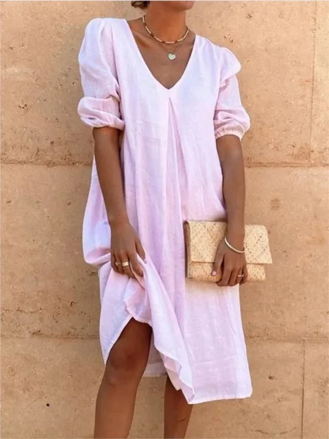 Casual V Neck Midi Dress with Puffy Sleeves