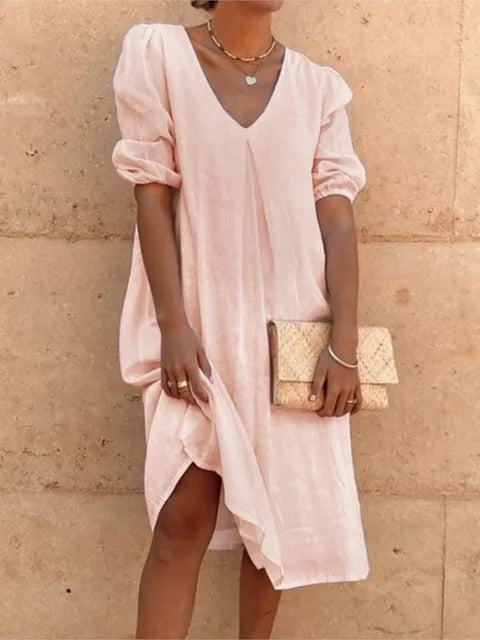 Casual V Neck Midi Dress with Puffy Sleeves
