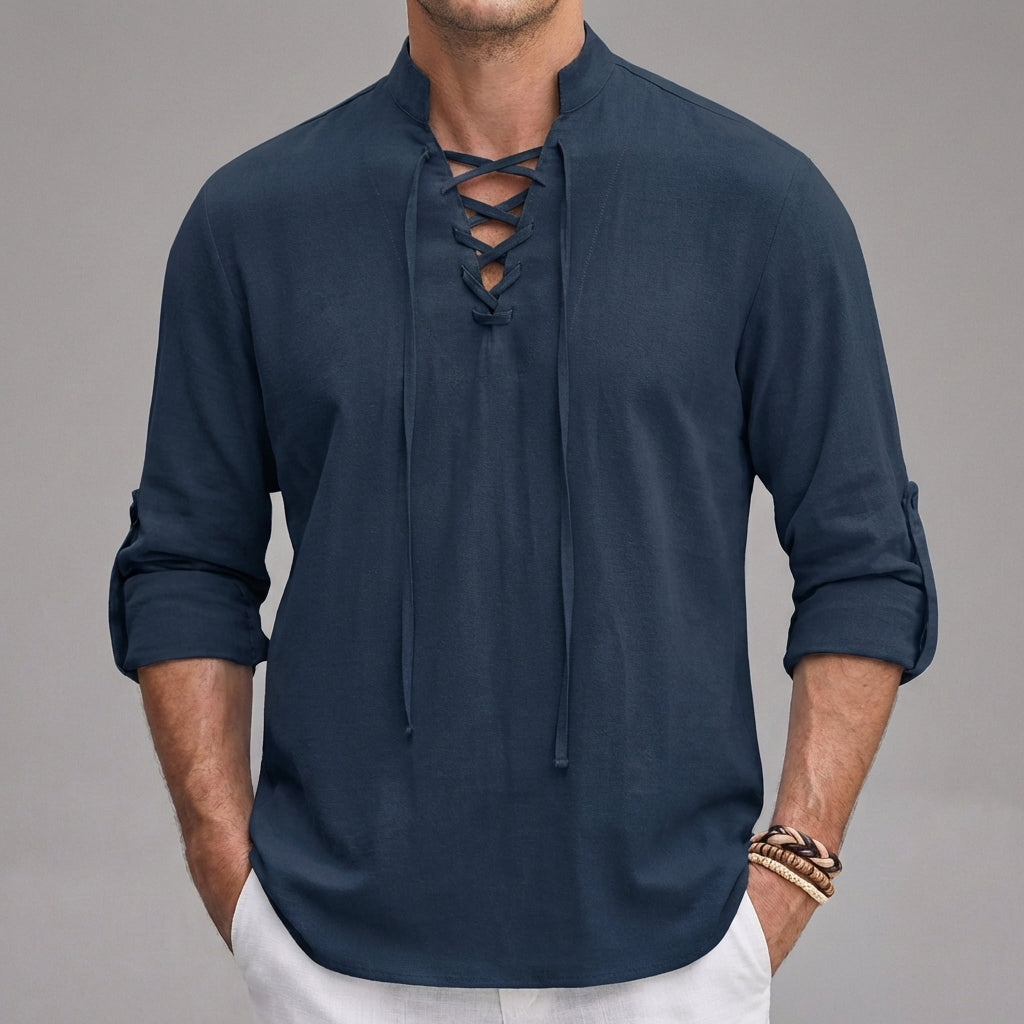 Casual Fit Button Henley with Classic Collar and Cuffed Sleeves