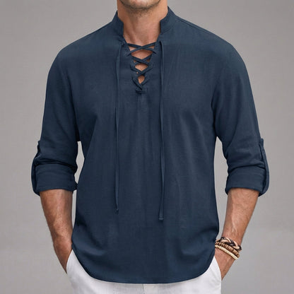 Casual Fit Button Henley with Classic Collar and Cuffed Sleeves