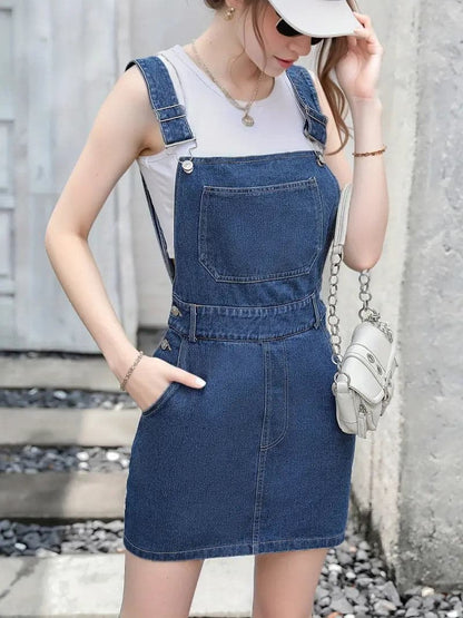 Women's Denim Overall Dress - Sleeveless - Adjustable Comfortable Straps