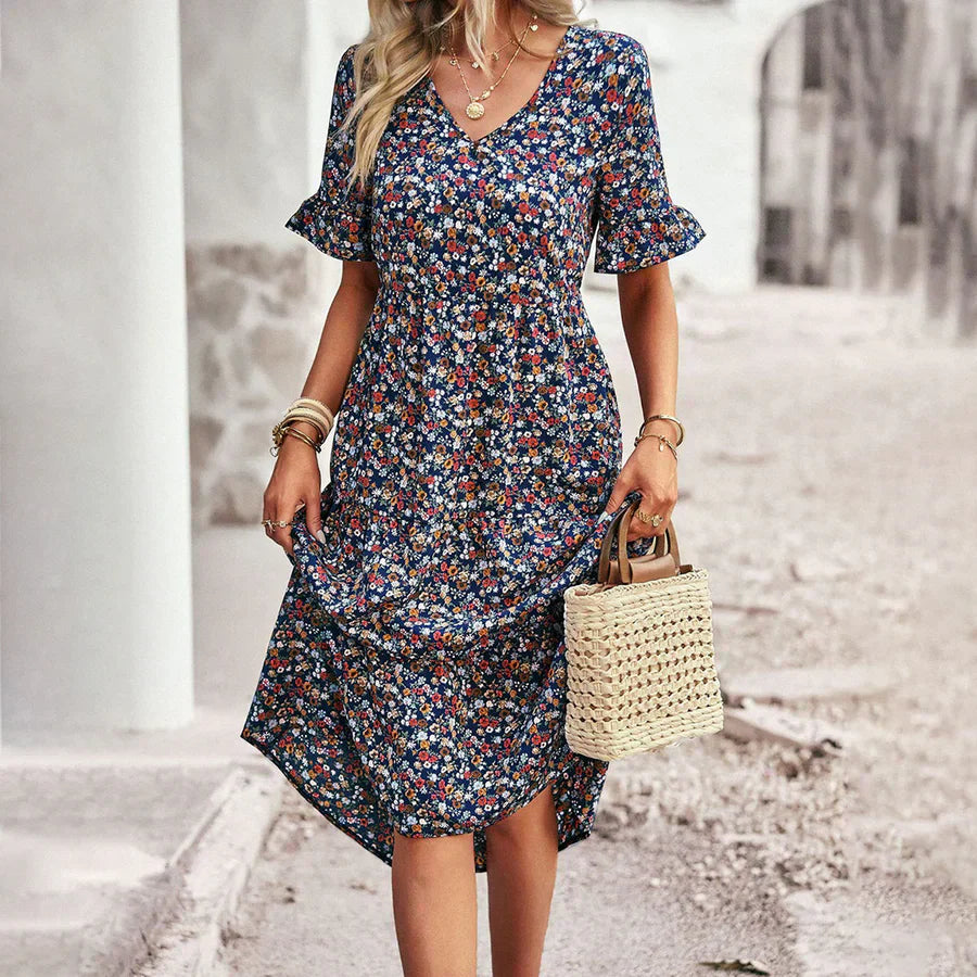 Casual V Neck Summer Dress with Ruffles