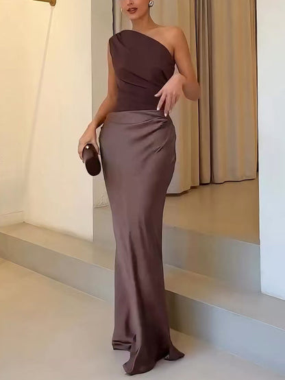 Elegant Asymmetrical Maxi Dress with Flowy Satin Skirt