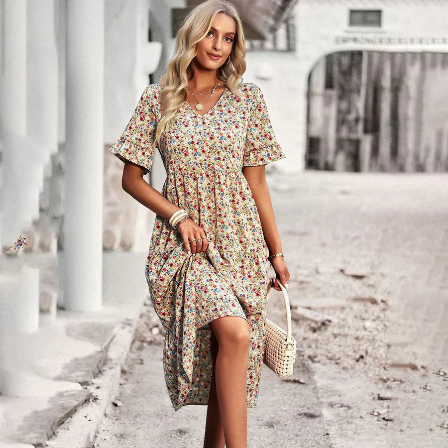 Casual V Neck Summer Dress with Ruffles