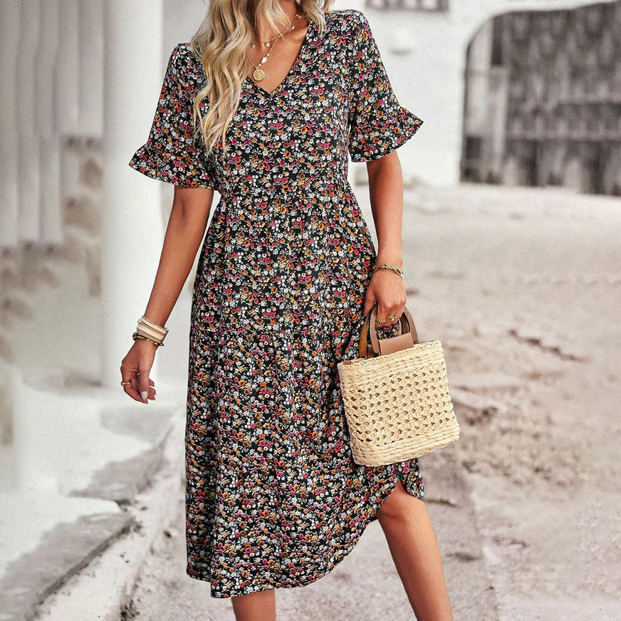 Casual V Neck Summer Dress with Ruffles