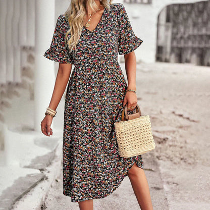Casual V Neck Summer Dress with Ruffles