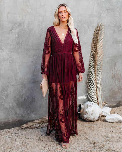 Beautiful Long Sleeve Lace Maxi Dress with Slit