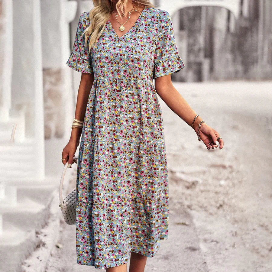 Casual V Neck Summer Dress with Ruffles