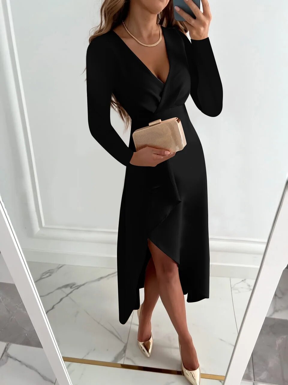 Elegant V-Neck Knee Length Dress with Side Split