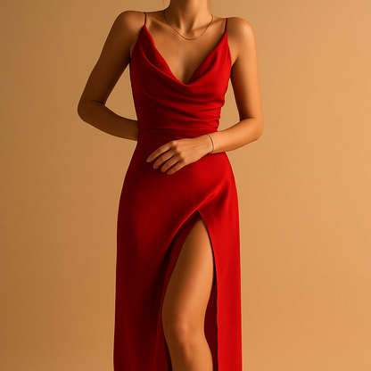 Elegant V-neck maxi dress for women with flowing fit and ankle length, perfect for weddings and formal occasions.