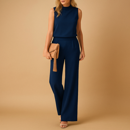 Elegant wide-leg jumpsuit for women with a mid-waist fit and round neckline, available in pink, red, blue, and black for work or evening events.