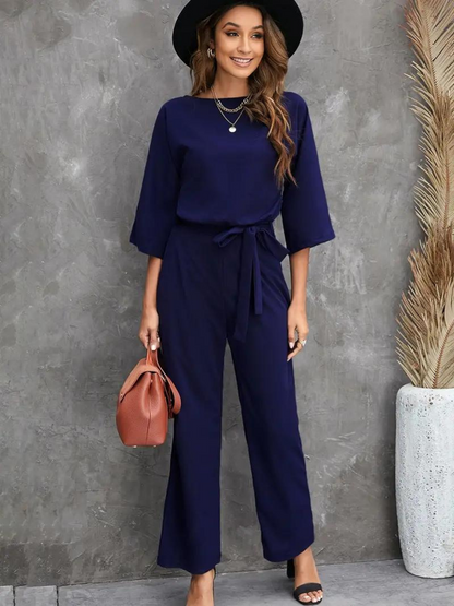 Comfortable Women's Jumpsuit with 3/4 Sleeves and Belt
