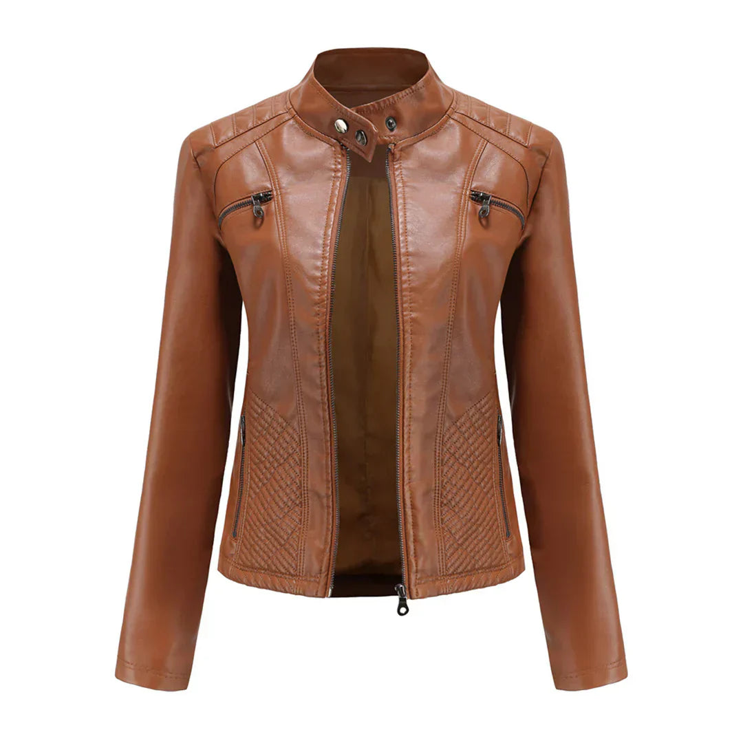 Chic Synthetic Leather Biker Jacket for Women